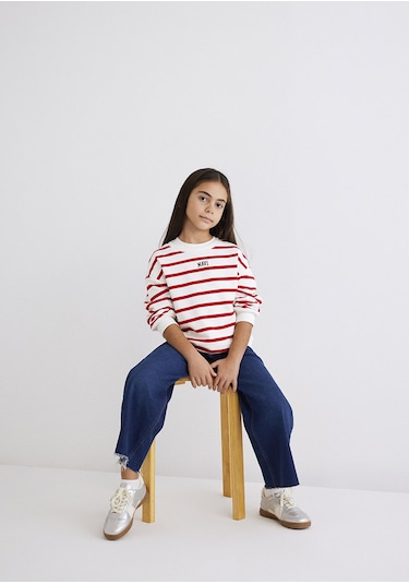 Mavi - Mavi Logo Baskılı Kırmızı Çizgili Sweatshirt 7s10038-82054 Kırmızı