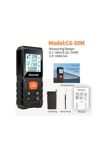 Elmpaly Aıcevoos Yüksek Hassasiyetli Dijital Lazer Mesafe Ölçer 50m 165ft 50 120m Aralığı Pil İle Çalışan Kauçuk Kılıflı Endüstriyel Ölçüm Aleti