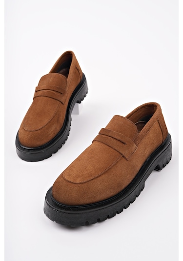 Muggo Paradise Hakiki Deri Kalın Taban Günlük Casual Makosen Kadın Loafer Ayakkabı Taba Süet