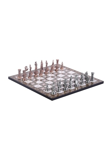 Orta Boy Metal İngiliz Satranç Takımı Antik Ve Sedef Desenli Mdf