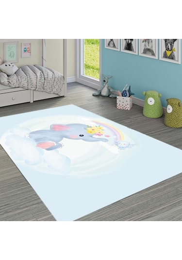 Kaymaz Tabanlı Ince Yıkanabilir Çocuk Halısı Fil Bulut Çok Renkli