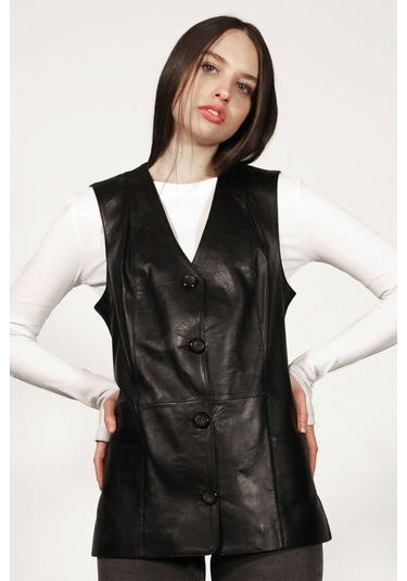 Dericlub Yb-2017 Gerçek Deri Kadın Yelek Siyah