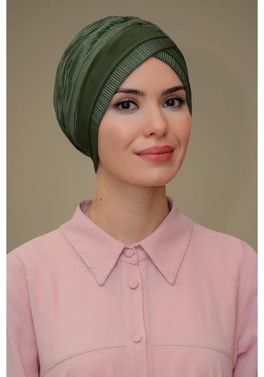 Haki Pratik Hazır Geçmeli Tesettür Bone Fukuro Piliseli Tek Bantl Haki