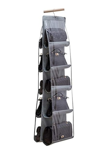 Çanta Saklama Düzenleyici Dolap İçi Çanta Askısı 10 Gözlü Şeffaf Pembe