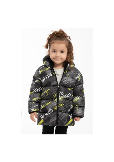 Kız Çocuk Sarı Siyah Dijital Desen Içi Polar Su Ve Rüzgar Geçirmez Kapüşonlu Şişme Kışlık Mont Sarı - Siyah