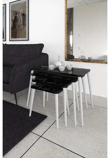 Selen 4lü Zigon Sehpa Ahşap Beyaz Ayaklı Salon Seti Çay Sehpası Siyah Mermer