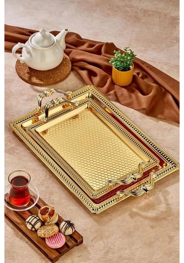 Cooker Özel Seri Altın Rengi Dikdörtgen Tepsi 2 Parça