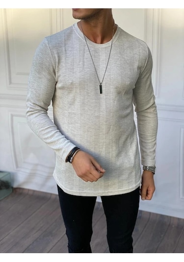 Modefendi Örme Desen Pamuklu Sweat Açık Gri