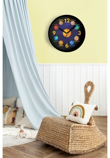 Güneş Ve Gezegenler Modern Tasarım Duvar Saati - 30cm - Önü Camlı Siyah Kasa - Sessiz Mekanizma-jh0735 Siyah