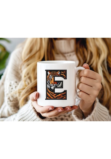 E Harfi Kaplan Figürlü Nakış Desenli Kupa Bardak - Kişiye Özel Vahşi Hayvan Desenli Kupa - Hediye Beyaz