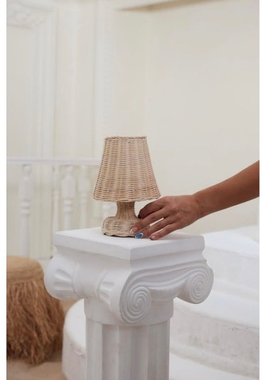 Rattan & Bambu Masa Üstü Kablosuz Pilli Abajur Alt- Üst Rattan Masa Lambası