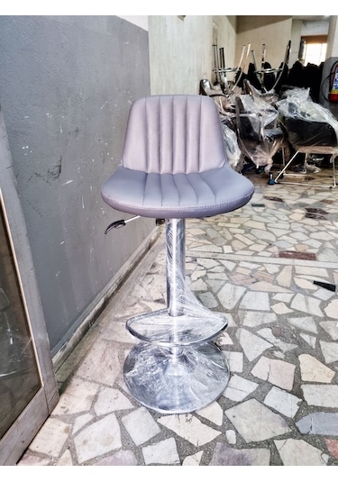 Gri Deri Amortisörlü Mutfak Bar Tabureleri Gri