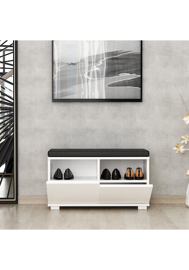 Minar Drago Oturaklı Ayakkabılık Ve Puf - Beyaz