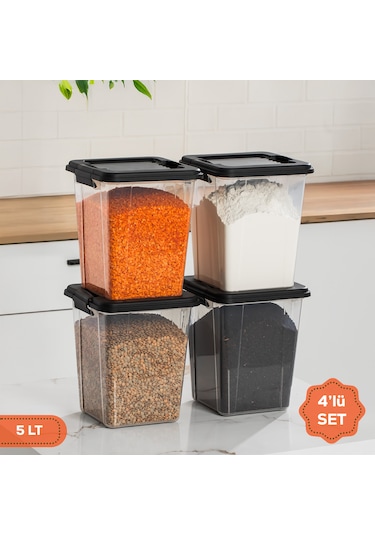Porsima 4371 4 Lü Mega Boy Hava Geçirmez Deterjan Saklama Kabı Erzak Saklama Kabı Seti Gri 5 Lt Şeffaf