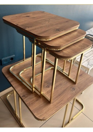 3'lü Kare Zigon Sehpa Seti Gold Ayak Ahşap Üstlük Açık Ceviz