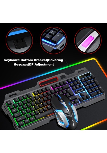 Jeemson T-wolf Tf600 Kablolu Usb Oyun Klavye Ve Mouse Seti, Mekanik His, Renkli Işık Efekti, 104 Tuş, 2400 Dpı Optik Mouse, Ofis Ve Oyun İçin Diğer