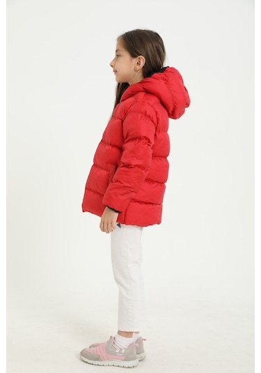 Kız Çocuk Kırmızı İçi Polarlı Kapüşonlu Su Geçirmez Rüzgara Dayanıklı Cepli Şişme Kışlık Mont Kırmızı