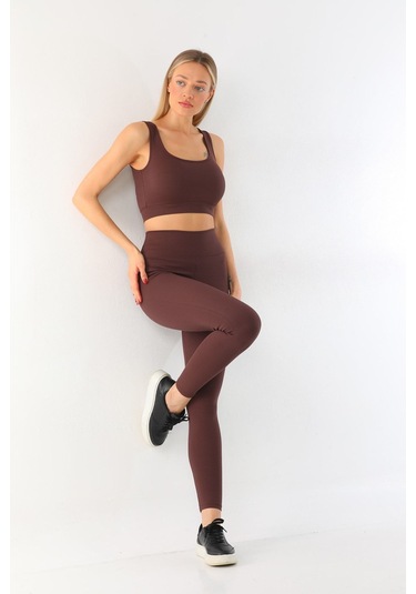 Kallima Kahverengi Toparlayıcı Yüksek Bel Fitilli Tayt-crop Takım Kahverengi