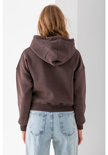 Kadın Kapüşonlu 3ip Şardonlu Crop Sweatshirt Kahverengi - 2612 Kahverengi