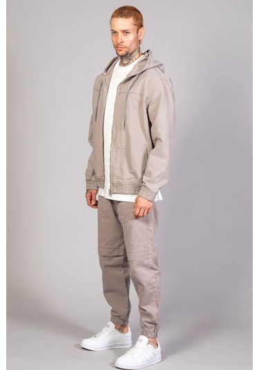 Erkek Kapüşonlu Oversize Marsıan Füme Kot Ceket Füme