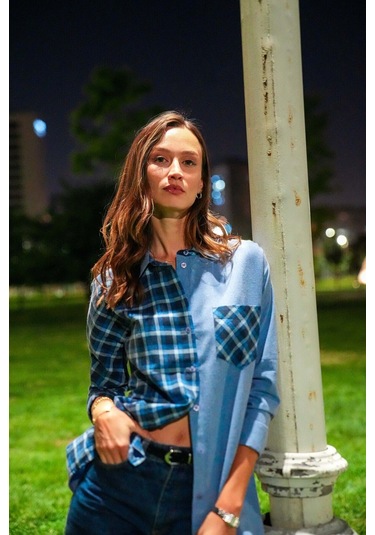 Kadın Ekoseli Düşük Omuzlu Gömlek Frn1114 Mavi