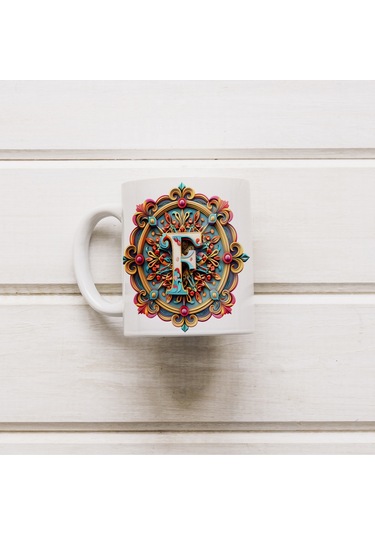 F Harfi Boho Bardak, Renkli Özel Tasarım Hediyelik Harfli Kupa, 330ml Porselen Beyaz