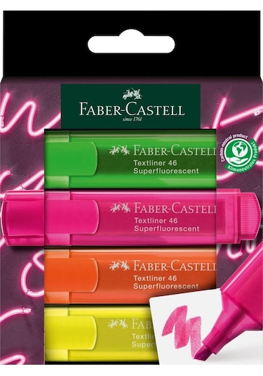 Faber-Castell Textliner 46 Şeffaf Gövde GenZ 4'lü Fosforlu Kalem Seti, Su Bazlı Mürekkep, Ergonomik Tasarım Çok Renkli