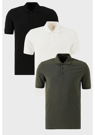 Buratti Pamuklu Regular Fit Düğmeli Polo Yaka 3'Lü Paket Erkek T Shirt 5902127S3 Siyah-Beyaz-Haki