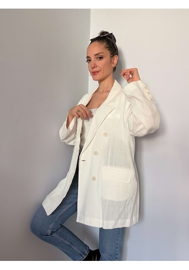 Ekru Oversize Keten Ceket Ekru