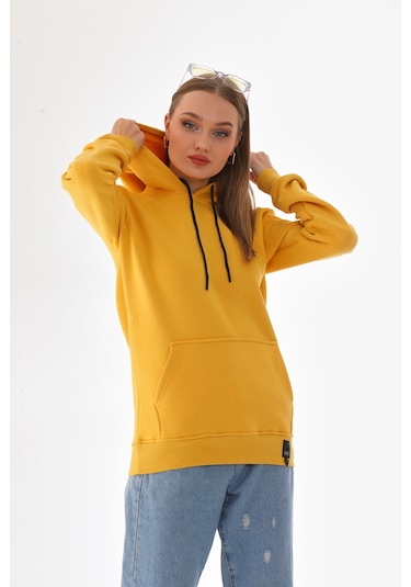 Everest Everst Kapüşonlu 3 İplik Şardonlu Kanguru Cepli Sweatshirt Sarı