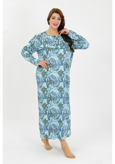 Akbeniz Kadın Büyük Beden Uzun Kol Mavi Anne Gecelik 1378 Mavi