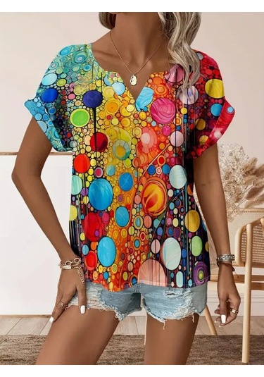 Kadın Kısa Kollu V Yakalı Desenli Süprem Bluz Desenli