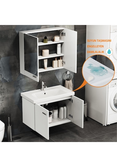 Aqua Bagno Basic Alt Dolap + Üst Dolap -lavabo Dahil-beyaz ,80 Cm. 3 Parça Beyaz