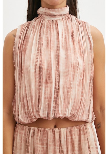 Uterpe Tie-dye Pliseli Crop Bluz Pembe