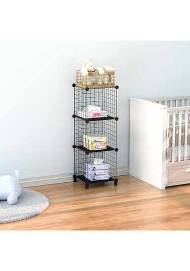 Dekoratif Tel Kafes Tasarımlı 3 Bölmeli Raf - Çok Amaçlı Tel Dolap Siyah
