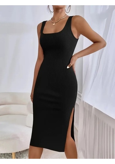 Kadın Askılı Kare Yaka Yandan Yırtmaçlı Midi Kaşkorse Elbise Siyah