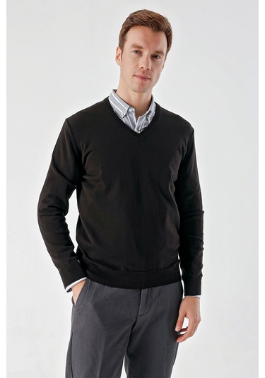Morven Erkek Siyah Basic V Yaka Dynamic Fit Rahat Kesim Triko Siyah