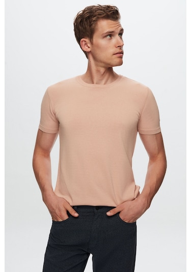 D's Damat Slim Fit Pudra Düz Örgü Rayon Örme T-Shirt 0Ef069421003M Pudra
