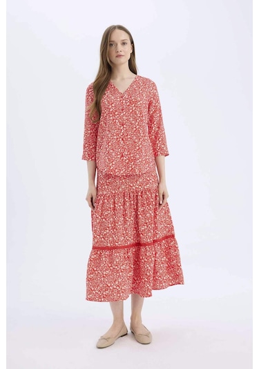 DeFacto Regular Fit Çiçek Desenli Esnek Belli Kiloş Midi Etek E5958AX25SPRD87