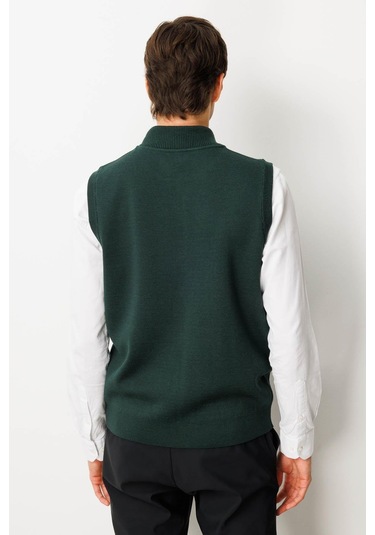Erkek Hakim Yaka Çelik Örgü Yün Yelek Yeşil Yeşil