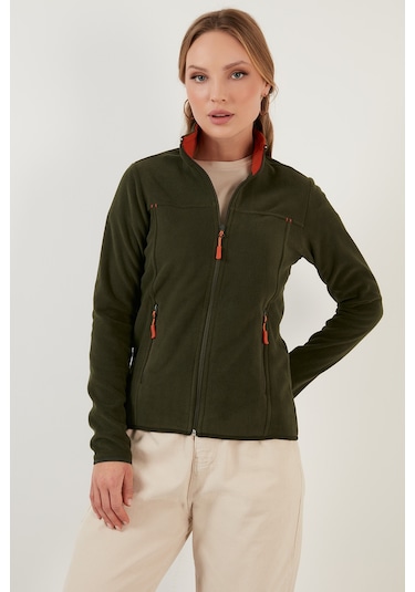 Lela Slim Fit Anti-Pilling Tüylenme Yapmayan Fermuarlı Cepli  Hırka Bayan Polar 5907002 Haki
