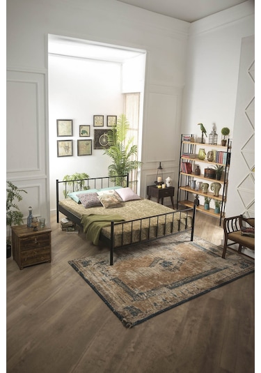 Falez Çift Kişilik Ferforje Metal Karyola-siyah Ahşap Latalı