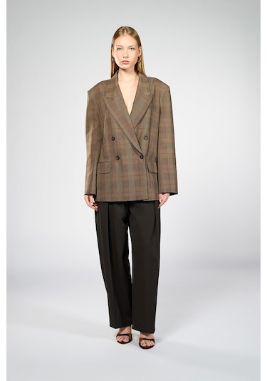 Kadın Kahverengi Ekoseli Oversize Blazer Kahverengi