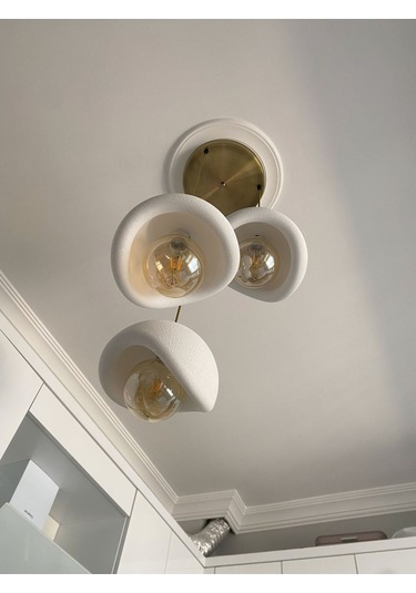 Beton Görünümlü Modern Şık İskandinav Tarz 3 Başlıklı Avize 25cm Rustik Ampul Hediyeli Nestvibe Eskitme - Gold