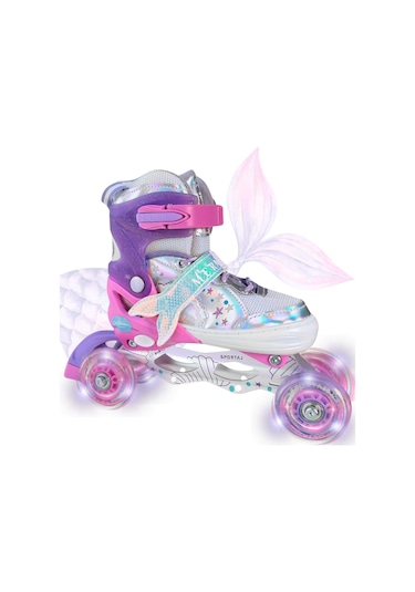 Deniz Kızı Işıklı Kız Çocuk Pateni Silikon Teker Ayarlanabilir Paten Taşıma Çantalı Pembe Lila Pembe