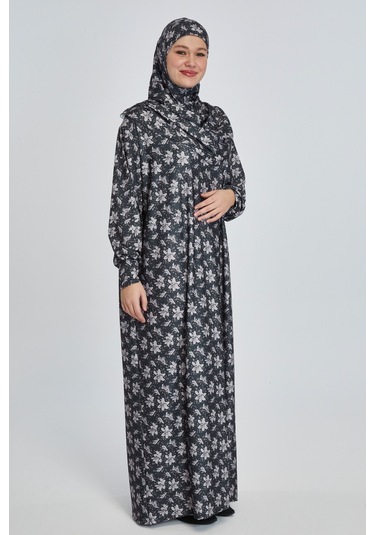 Pratik Tek Parça Manolya Desenli Namaz Elbisesi Koyu Siyah