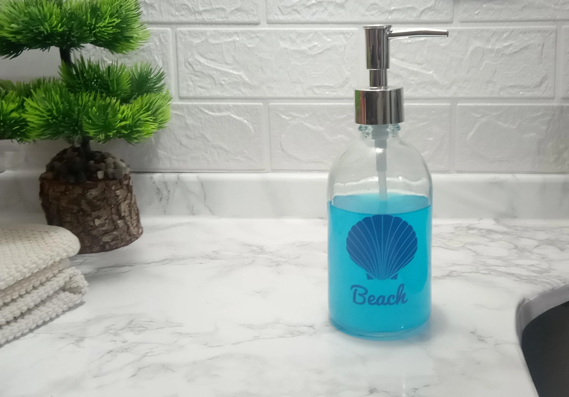 2 Adet Cam Sıvı Sabunluk,plaj Yazılı 7x7x20cm 360ml Banyo Seti Çok Renkli