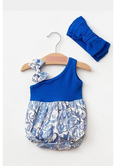 Kız Bebek Kokina Çiçeği Tek Omuz Romper Tulum Mavi