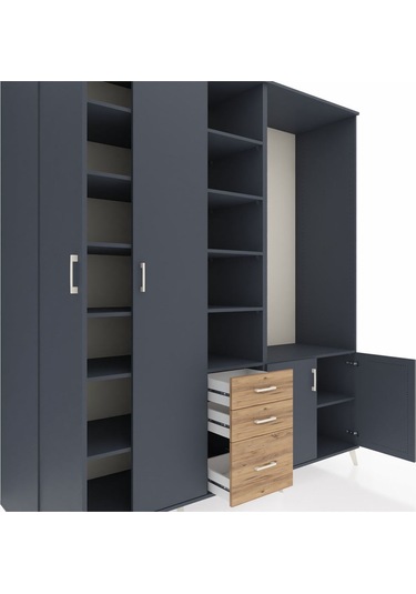 Kronos Dolap 13 Raflı 3 Çekmeceli 4 Kapaklı 220x59x243 Antrasit-antrasit/çam Antrasıt/atlas Çam