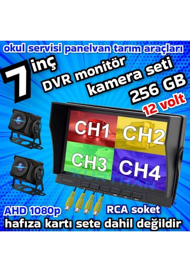 2 Adet 1080p Ahd 180 Derece Balık Gözü Kamera 7 İnç 256 Gb Destekli Hybrid Dvr Monitör 12 Volt